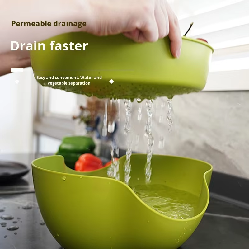 Double Layer Rotating Eco-Friendly Food Grade PP Vegetable Fruit grains Washing Stand Drain Strainer