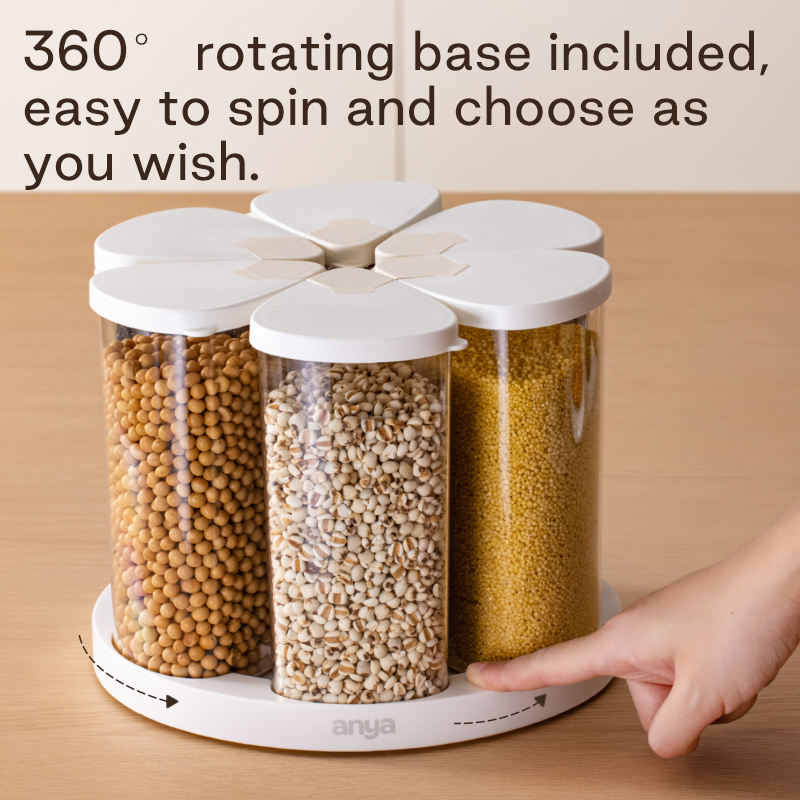 Rotating Cereal Dispenser Countertop Food Storage Containers BPA-Free PET Grain Canister Sets 6 Grids With Lids