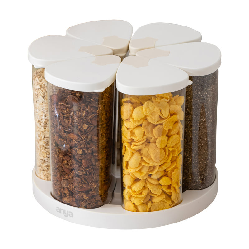 Rotating Cereal Dispenser Countertop Food Storage Containers BPA-Free PET Grain Canister Sets 6 Grids With Lids