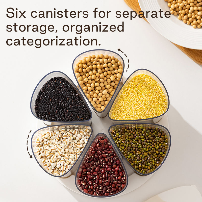 Rotating Cereal Dispenser Countertop Food Storage Containers BPA-Free PET Grain Canister Sets 6 Grids With Lids